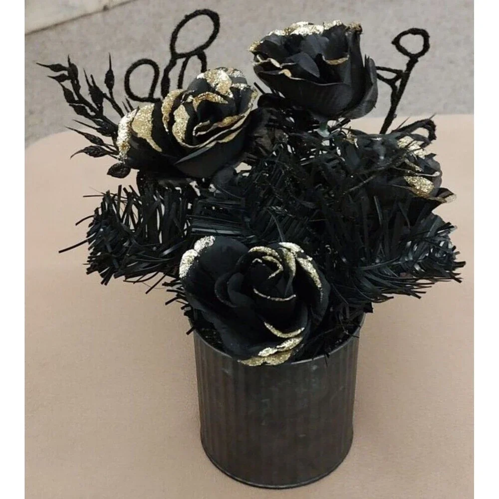 Artificial Flower Bouquet Arrangement Corrugated Tin Vase Black Gold Gray Rose